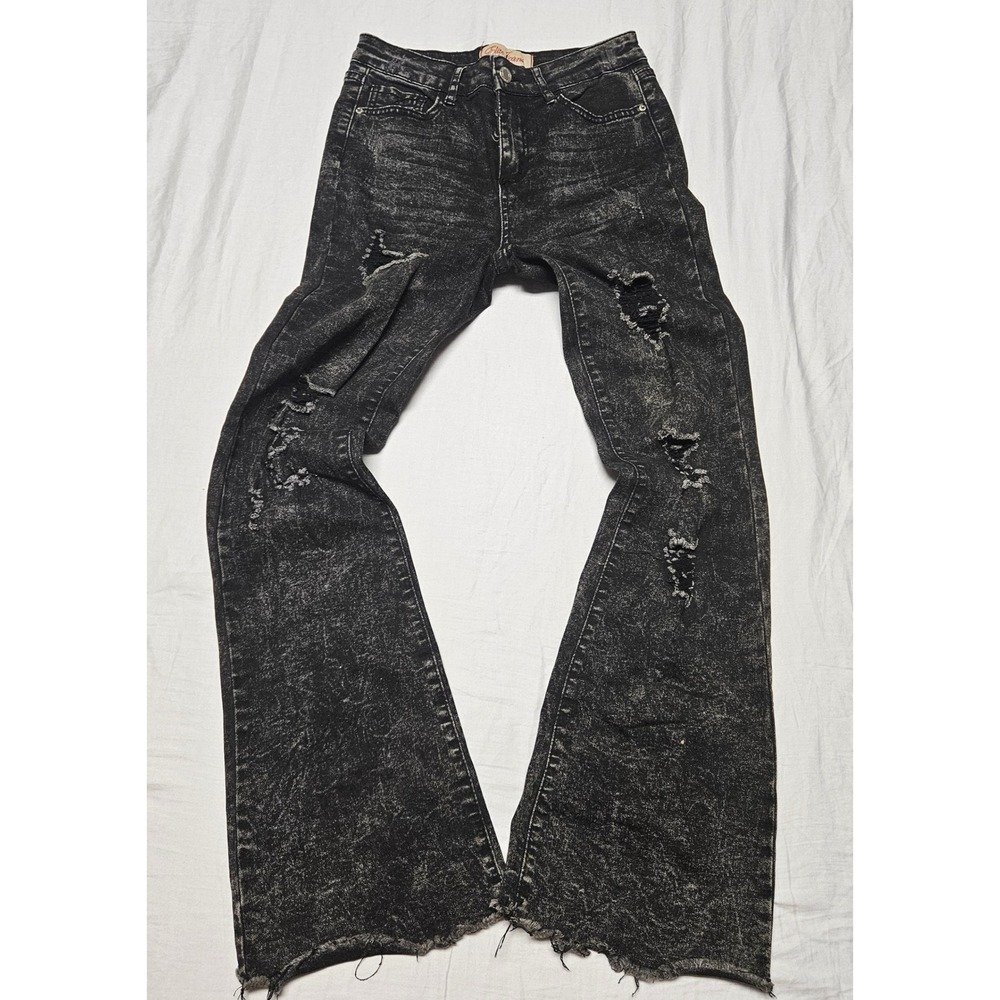 Elite Jeans Flare Denim Womens 5/27 Black Acid Wash Distressed Raw Hem Y2K